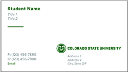 Standard Option 2 with CSU logo and Ram's head on the lower right side above the address info. Rest of the information is divided on top and bottom left.